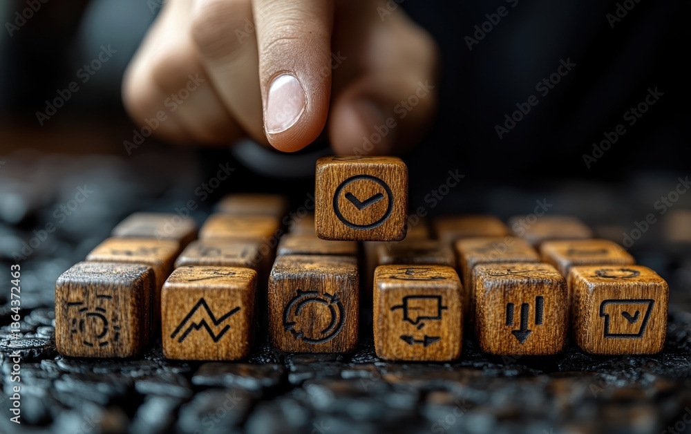 Poster hand selecting wooden block icon among arranged blocks symbolizing business decision analytics