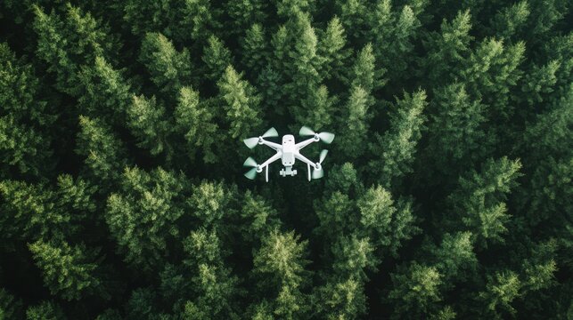 A drone surveying a forest for ecological research, aerial view of forest with drones collecting environmental data and mapping, High-tech style