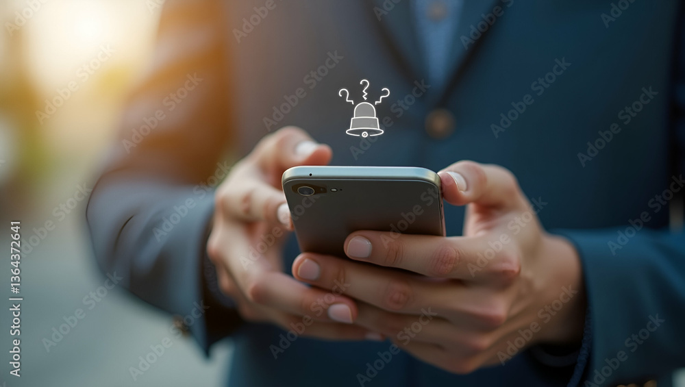Poster flat man holding smartphone pressing notification bell on app screen close up remote online alerts h