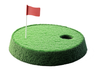 Isolated Green Grassy Golf Hole with Red Flag on White Background, Studio Shot
