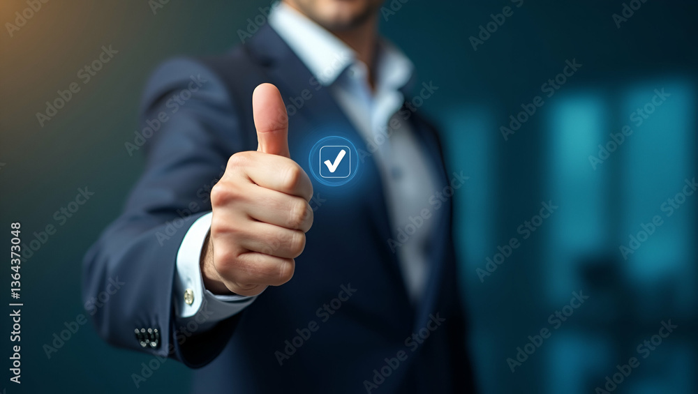 Poster businessman giving thumb up with virtual tick mark symbolizing approval quality assurance guarantee 