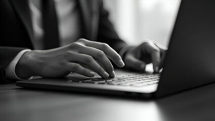 Close-Up of Fingers Typing on a Computer Keyboard in Black and White: A Flat Vector Illustration Symbolizing Fast-Paced Work and Digital Communication