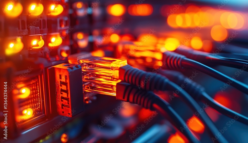 Poster close up of network cables connected to server in red and orange light