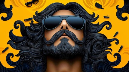 Fototapeta premium Stylish Man with Long Black Hair and Mustache Wearing Sunglasses