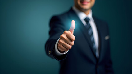 Businessman Thumbs Up with Virtual Tick Mark for Quality Assurance Concept