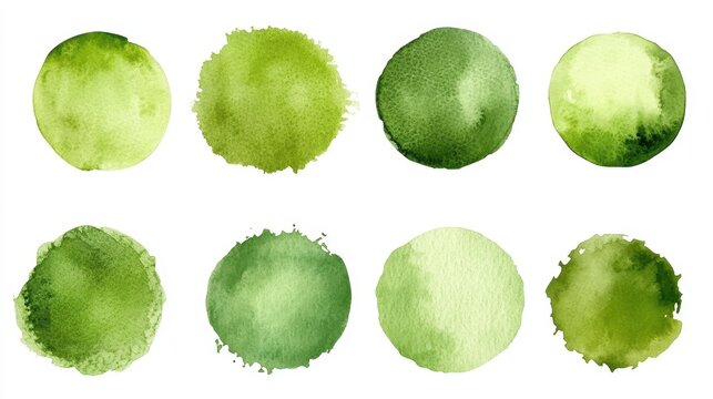 Eight green watercolor circles are isolated. Use them as design elements for your creativity.