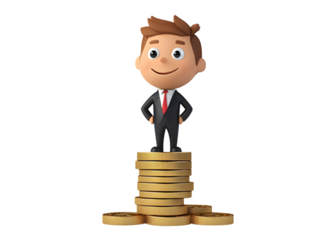 Cartoon Businessman Standing on Gold Coin Stack Symbolizing Financial Success