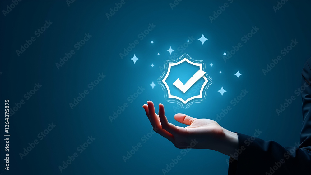 Poster hand holding holographic quality control and certification icons with checkmark symbol on blue backg