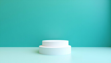 Stylish White Cylindrical Podium with Two Levels for Product Display Against a Blue Green Wall - Perfect for Photo Stock Concepts with Empty Space for Customization