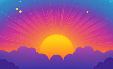Sunrise over clouds with radiating light and stars