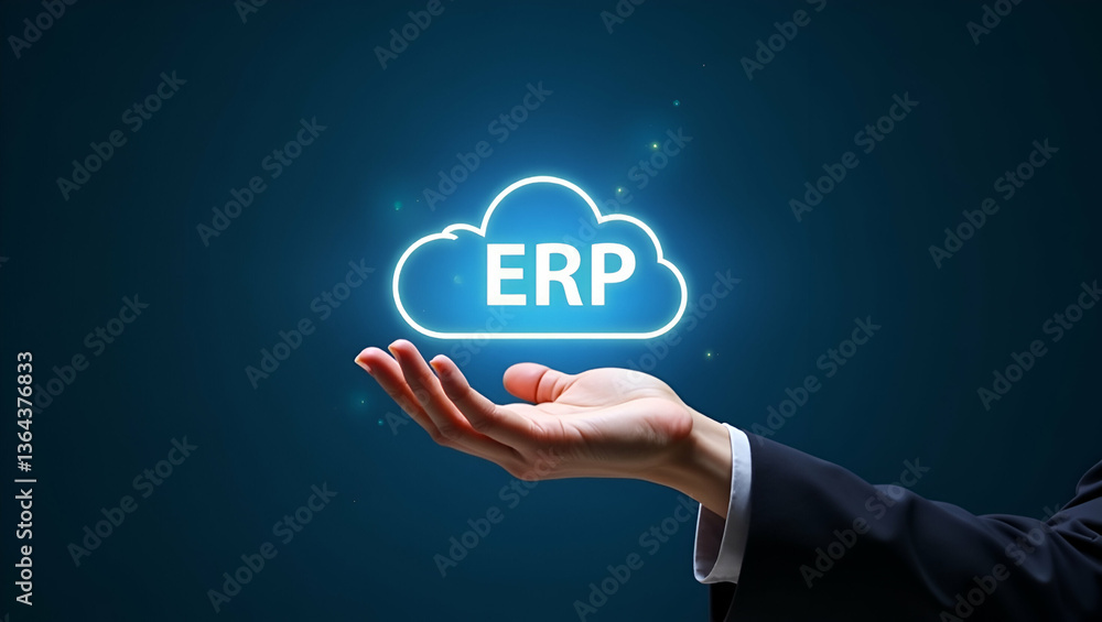 Poster flat hand holding holographic erp integration collaboration icon: a minimalist vector illustration o