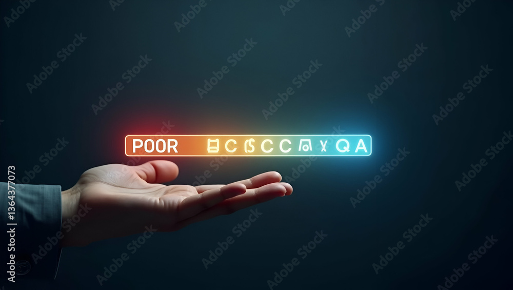 Poster enhance your business quality: flat hand adjusting holographic quality level slider from poor to exc