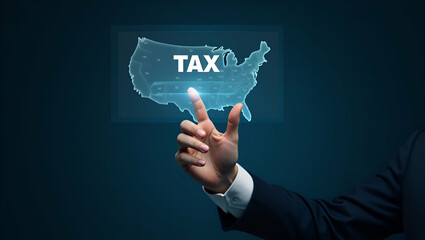 Flat Hand Operating Holographic Device to Explain State Tax Laws in a Cute Vector Style