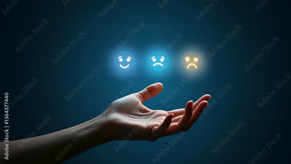 Poster flat hand interacting with holographic customer satisfaction survey interface showing happy neutral 