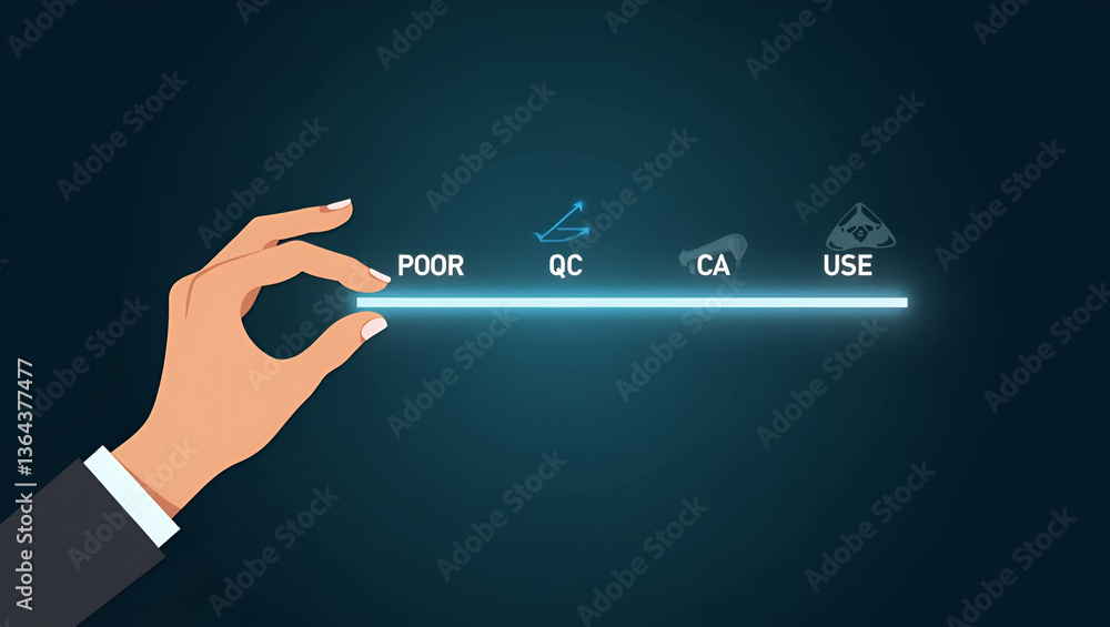 Poster flat hand adjusting holographic quality level slider from poor to excellent displaying qc qa symbols