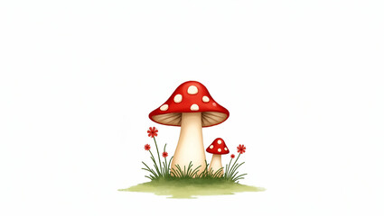 Flat Whimsical watercolor toadstool clipart isolated for enchanting forest and fairy garden themes adding magical and playful elements concept as Playful watercolor clipart of a whimsical toadstool pe