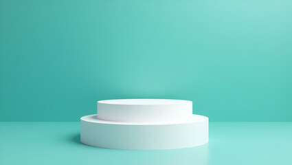 White Cylindrical Podium with Two Levels for Product Display on Blue Green Wall