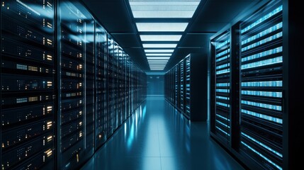 A futuristic data center with servers and glowing lights, dark and moody ambiance with high-tech equipment, High-tech style