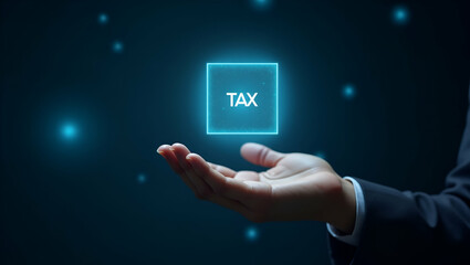 Hand presenting holographic device showcasing tax software comparison with empty space background concept as A hand using a holographic device to compare different tax software options highlighting fe