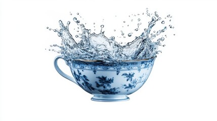 A teacup overflowing with water creating a dramatic splash