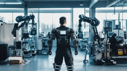 A futuristic exoskeleton suit worn by an engineer in an industrial setting, clean, well-lit workshop with robotic arms and machinery