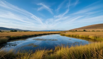 Fototapeta premium Beautiful river flowing through golden grassland under a bright blue sky landscape photography nature view