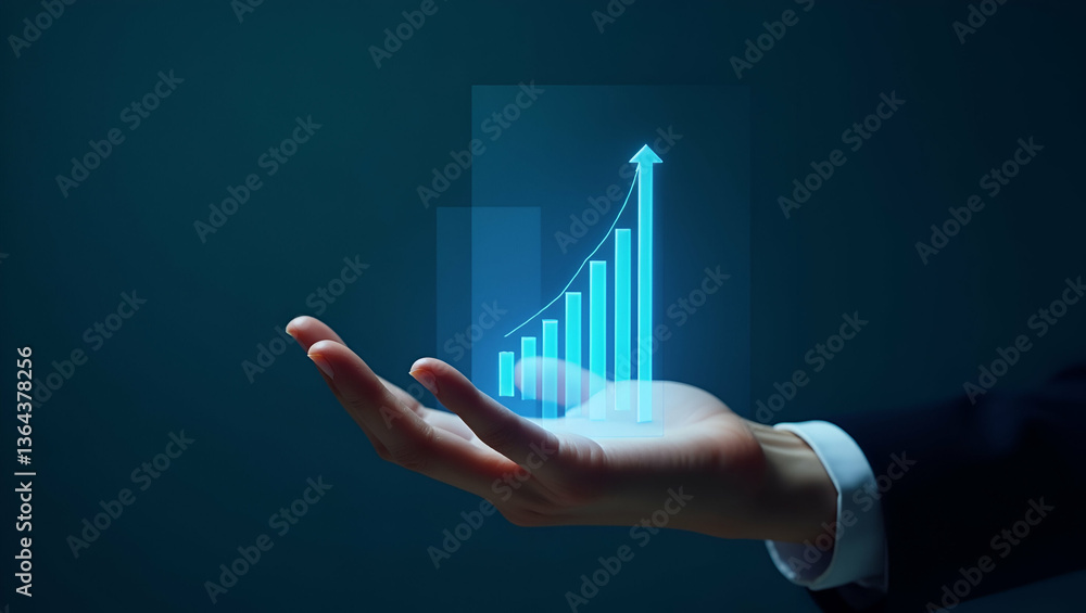 Poster innovative holographic device for employee growth evaluation: a hand interacting with cutting-edge t