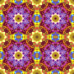 Multicolored exquisite ornament in ethnic style. Seamless pattern for fabric, wallpaper, carpets. Flowers and mandalas.