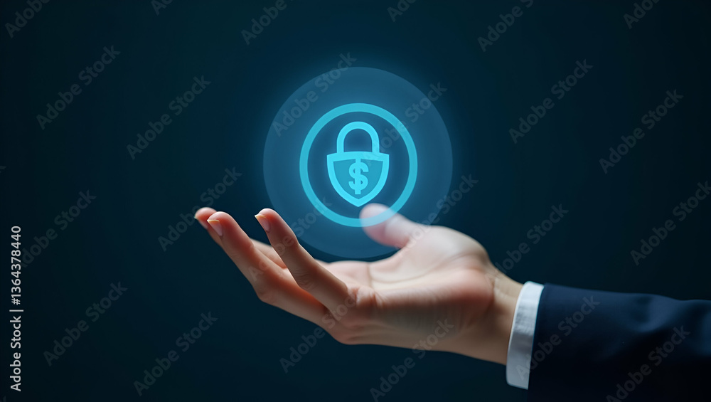 Poster flat hand presenting holographic reward forecast icon symbolizing risk reward forecast in financial 