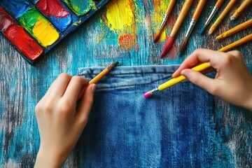 High Definition Picture of Closeup Hands Coloring Jeans