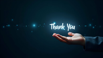 Flat Hand Interacting with Holographic Thank You Message Interface in Business Gratitude Illustration
