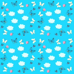 Butterflies fluttering among clouds on sunny blue background. Cute seamless pattern in vector. Fabric print.