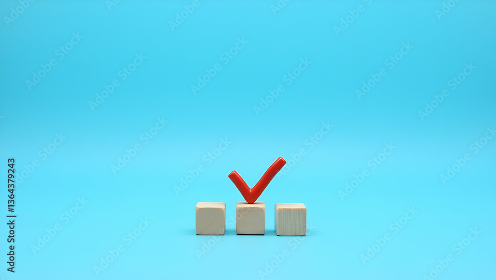 Poster flat wood cube with check mark on blue background: a simple vector illustration of checklist organiz