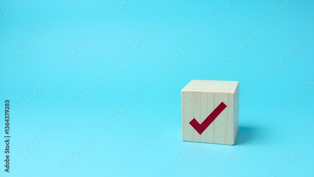 Poster flat wood cube check mark blue background checklist concept copy space concept as wooden cubes with 