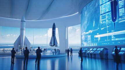 A futuristic spaceport with engineers preparing a reusable rocket for launch, advanced aerospace facility with massive control screens, High-tech style