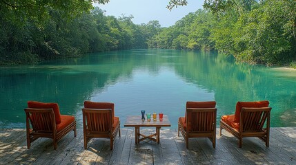 Fototapeta premium Serene turquoise lake view from wooden deck, with chairs and a small table
