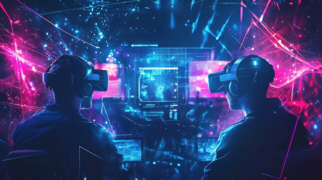 A futuristic VR esports arena with players wearing advanced headsets, neon-lit gaming environment with virtual elements projected, Gaming technology style - Powered by Adobe
