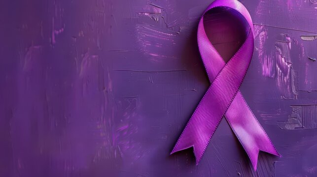 Purple ribbon on a purple background. World Lupus Day. Horizontal banner. Copy space. Pancreatic cancer, Esophageal, Testicular cancer, world Alzheimer, epilepsy, Sarcoidosis, Fibromyalgia awareness