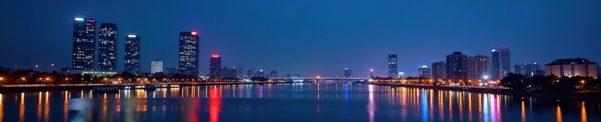 Obraz premium Cityscape of Ho Chi Minh City, Vietnam at night with illuminated skyscrapers reflecting in the Saigon River, cityscape, illuminated