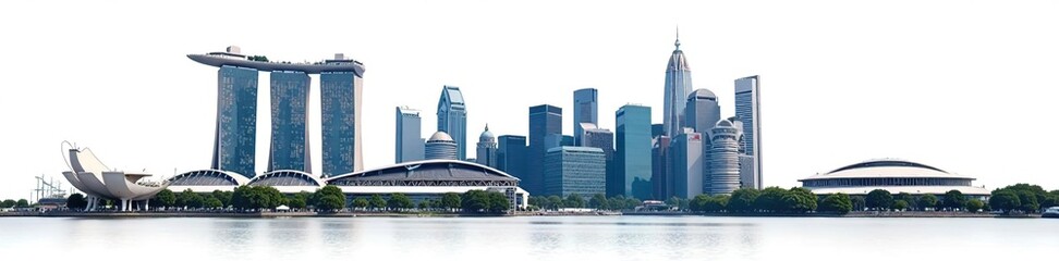 Cityscape of Singapore skyline with iconic landmarks like Marina Bay Sands and Supertree Grove isolated on white background,  destination,  cityscape