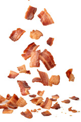Bacon bits cut into pieces float in the air isolated on a transparent background