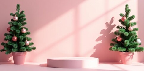 Clean, minimalistic product photography background with podium and pastel pink wall, Christmas tree shadows,  photo,  background