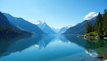 Clear blue skies over Haviland Lake, with snow-capped mountains in the background and lush green trees lining the shore,  blue skies,  USA