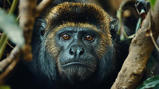 Howler monkey sits quietly among branches in a tropical environment during the afternoon