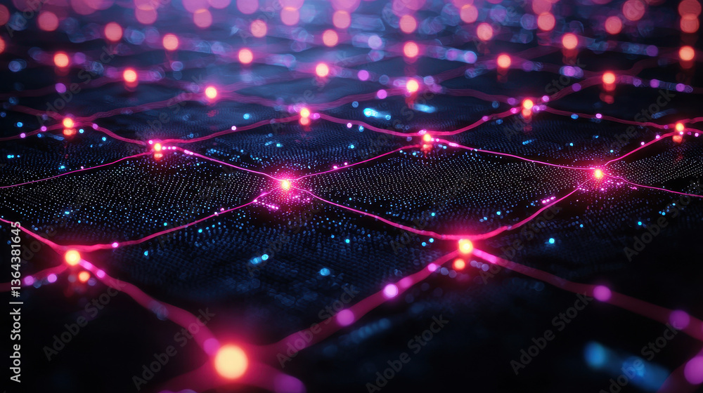 Poster quantum network transmits encrypted data through glowing qubits and neon photons in a cybernetic lan