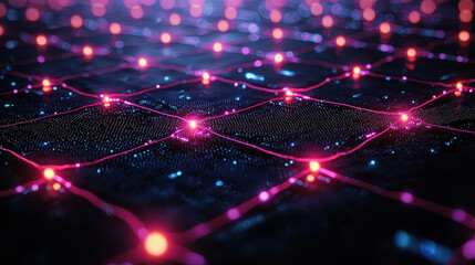Quantum network transmits encrypted data through glowing qubits and neon photons in a cybernetic landscape