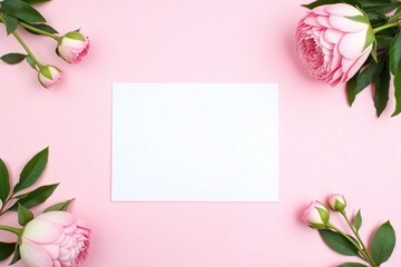 pink peonies and a blank card on a pink background