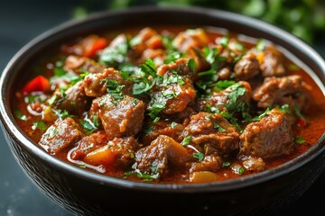 Fototapeta premium Bowl filled with rich beef stew, garnished with fresh green parsley. Use it for menus, blog articles or any recipe related content.
