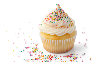 A cupcake with sprinkles on top. The sprinkles are colorful and are scattered around the cupcake