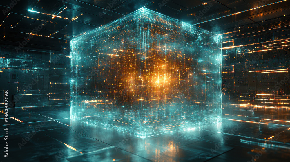 Aufkleber quantum superposition visualized in a transparent glowing cube within a futuristic digital landscape